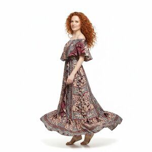 Jaase Boho Off-the-Shoulder Paisley Floral Flounce Gypsy Maxi Dress Size S